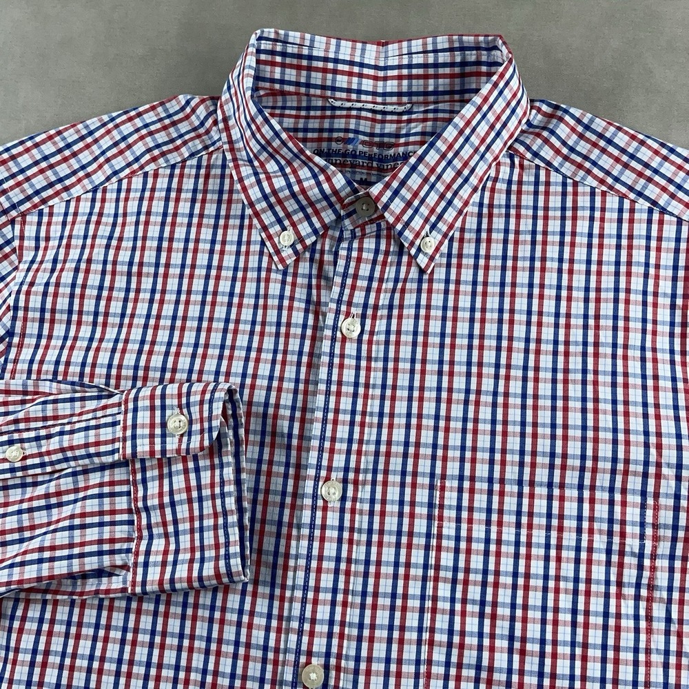 Vineyard Vines Shirt Men's Medium White Gingham On-The-Go Performance Stretch